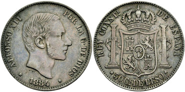 Cy16636h- ALFONSO XII 50  Cetm. Peso  1884 Manila - EBC