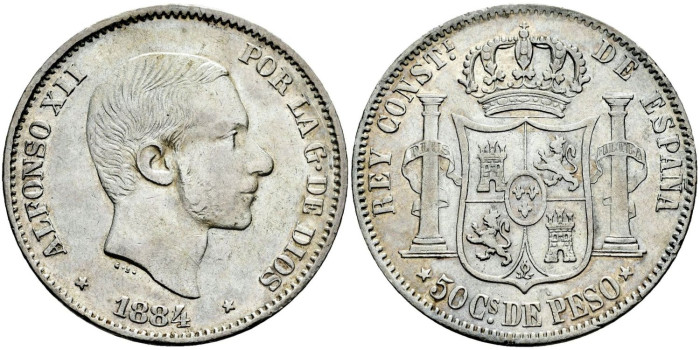 Cy16636i- ALFONSO XII 50  Cetm. Peso  1884 Manila - EBC+