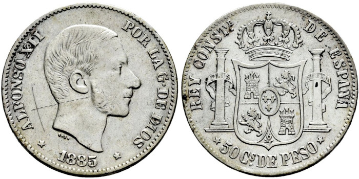 Cy16637h- ALFONSO XII 50  Cetm. Peso  1885sobre 83 Manila - EBC-