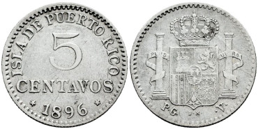 Cy16715f.- ALFONSO XIII 5 Ctv. Peso 1896 Puerto Rico  MBC+