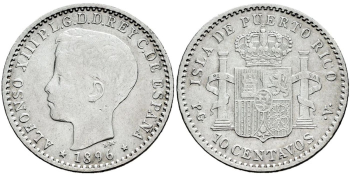 Cy16716e.- ALFONSO XIII 10 Ctv. Peso 1896 Puerto Rico  MBC