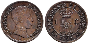 Cy16646h.- ALFONSO XIII 1 centimo 1906 S.M.V.  EBC. RARA