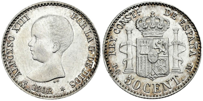 Cy16659k.- ALFONSO XIII 50 Centimos 1892 ( 9-2) P.G.M. SC