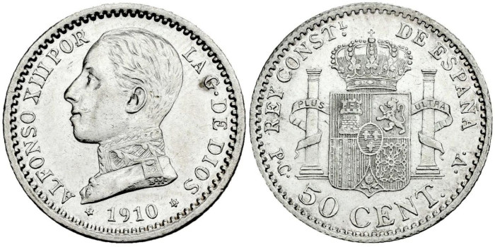 Cy16669k.- ALFONSO XIII 50 Centimos 1910 ( 1-0)  P.C.V. -SC