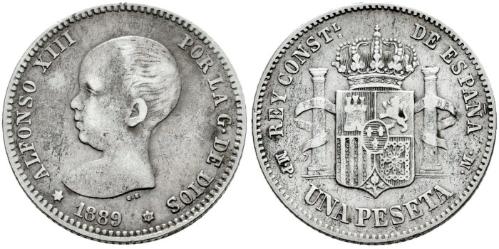 Cy16671c.- ALFONSO XIII 1 Peseta 1889 (--89)  M.P.M. -BC+