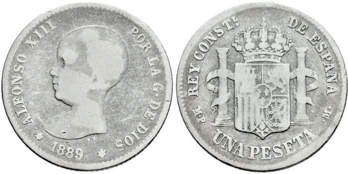 Cy16671a.- ALFONSO XIII 1 Peseta 1889 (---)  M.P.M. -BC+