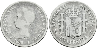 Cy16671a.- ALFONSO XIII 1 Peseta 1889 (---)  M.P.M. -BC+