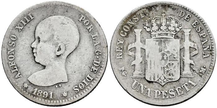 Cy16672c.- ALFONSO XIII 1 Peseta 1891 (---)  M.P.M. -BC