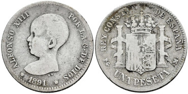 Cy16672c.- ALFONSO XIII 1 Peseta 1891 (---)  M.P.M. -BC
