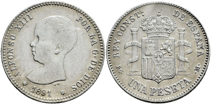 Cy16672e.- ALFONSO XIII 1 Peseta 1891 (---)  M.P.M. -MBC