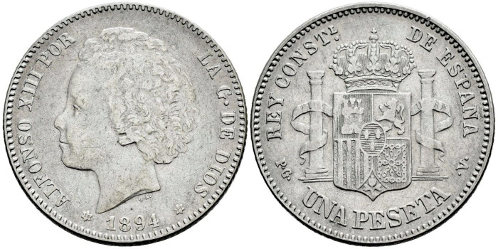 Cy16674f.- ALFONSO XIII 1 Peseta 1894 (18-94)  P.G.V. -MBC+