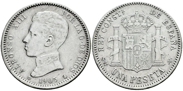 Cy16683f.- ALFONSO XIII 1 Peseta 1905 (19-05)  S.M.V. -MBC+
