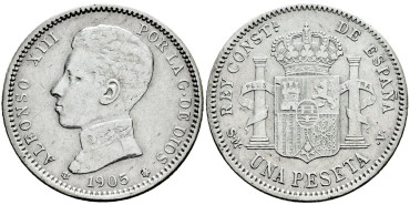 Cy16683f.- ALFONSO XIII 1 Peseta 1905 (19-05)  S.M.V. -MBC+