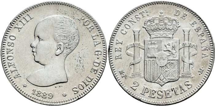 Cy16688h.- ALFONSO XIII 2 Peseta 1889 (18-89)  M.P.M. -EBC