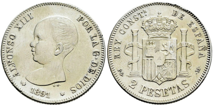Cy16689d.- ALFONSO XIII 2 Peseta 1891 (---)  M.P.M. -MBC-