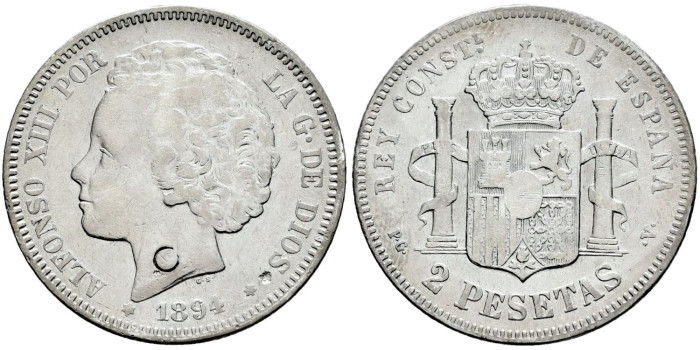 Cy16691e.- ALFONSO XIII 2 Peseta 1894 (---)  M.P.M. -MBC- Resello