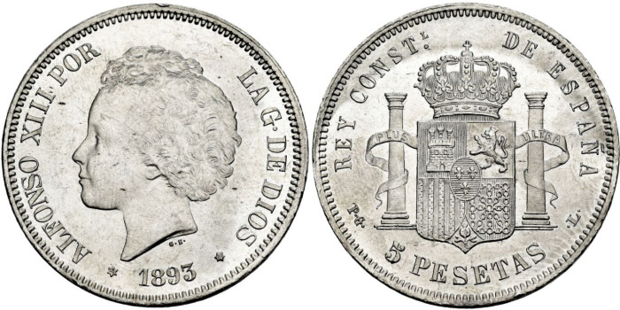 Cy16702j.- ALFONSO XIII 5 Peseta 1893 (18-93)  P.G.L. - SC-