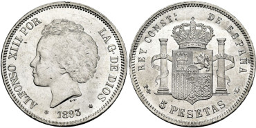 Cy16702j.- ALFONSO XIII 5 Peseta 1893 (18-93)  P.G.L. - SC-