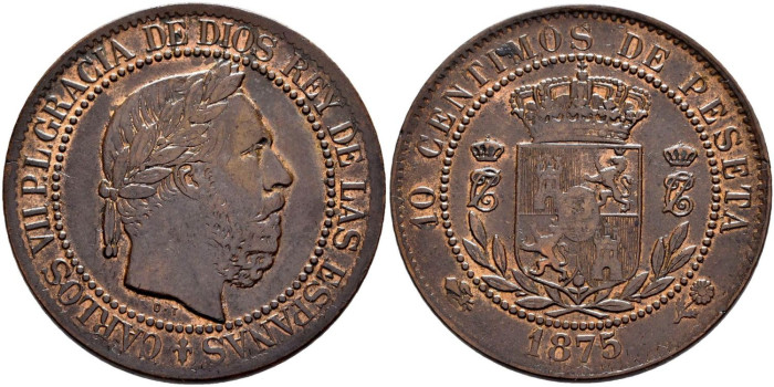 Cy16541k.- CARLOS VII 10 Centimos1873 Belgica  SC-