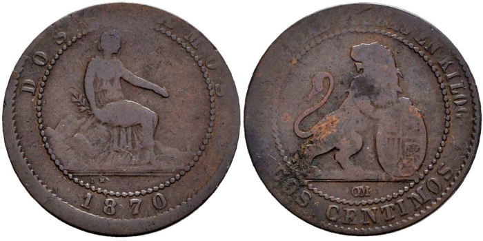 Cy16499v.- G.P. y REPUBLICA 2 Centimos 1870 BC Variedad