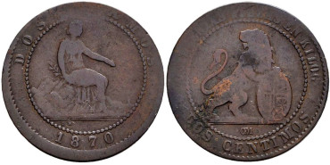 Cy16499v.- G.P. y REPUBLICA 2 Centimos 1870 BC Variedad