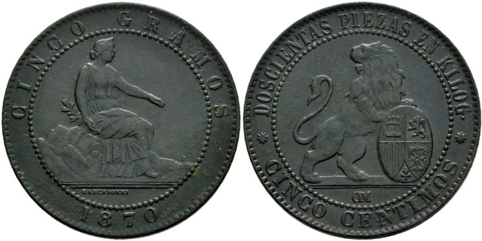 Cy16500h.- G.P. y REPUBLICA 5 Centimos 1870 EBC 