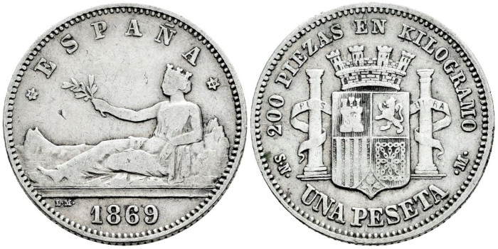 Cy16509.- G.P. y REPUBLICA 1 Peseta 1869 (18-69) España MBC 