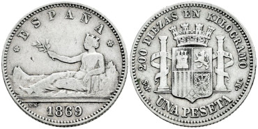 Cy16509.- G.P. y REPUBLICA 1 Peseta 1869 (18-69) España MBC 