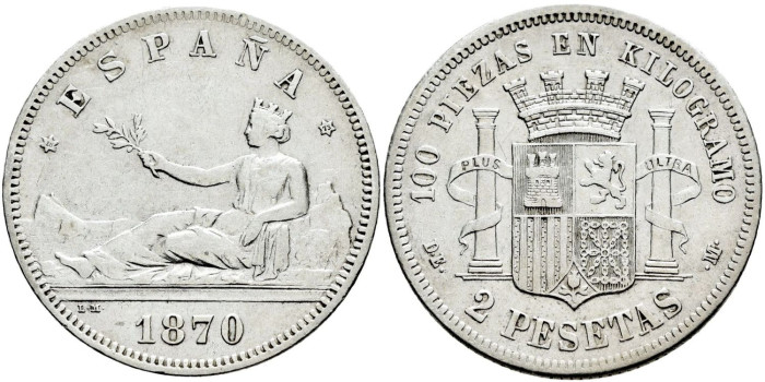 Cy16517f.- G.P. y REPUBLICA 2 Pesetas 1870 (18-73)  MBC+