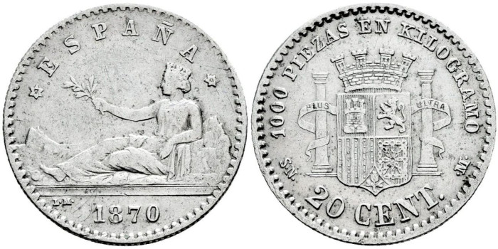 Cy16505e.- G.P. y REPUBLICA 20 Centimos 1870 (7-0) MBC