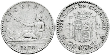 Cy16505e.- G.P. y REPUBLICA 20 Centimos 1870 (7-0) MBC