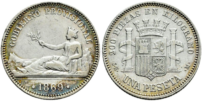 Cy16508g.- G.P. y REPUBLICA 1 Peseta 1869 G.P.  EBC -