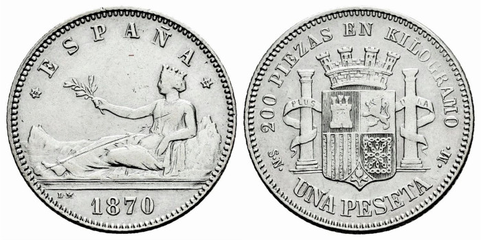 Cy16510h.- G.P. y REPUBLICA 1 Peseta 1870 (18-70) S.N.M.  EBC-