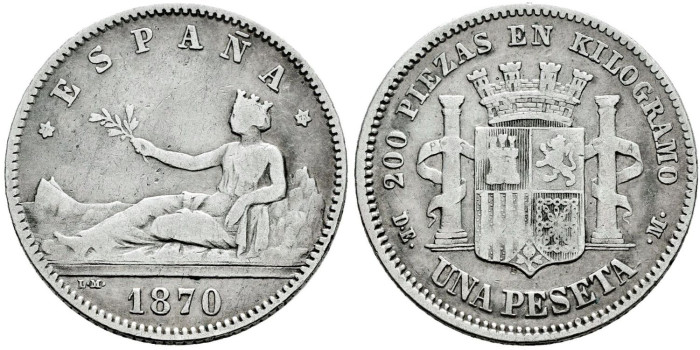Cy16511c.- G.P. y REPUBLICA 1 Peseta 1870 (18-73) D.E.M.  BC+ 