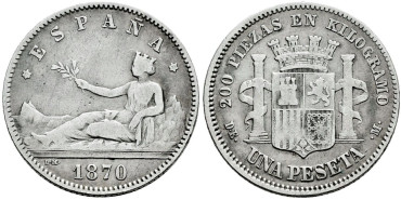 Cy16511c.- G.P. y REPUBLICA 1 Peseta 1870 (18-73) D.E.M.  BC+ 