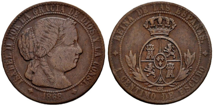 Cy15711.- ISABEL II 1 Ctm. De Escudo 1868 Jubia. MBC