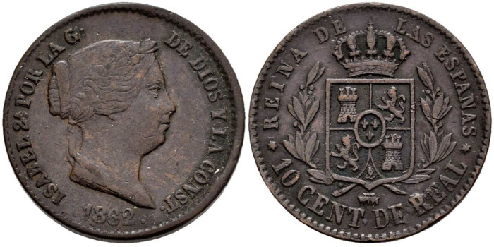 Cy15700.- ISABEL II 10 Ctm. De Real 1862 Segovia. MBC-