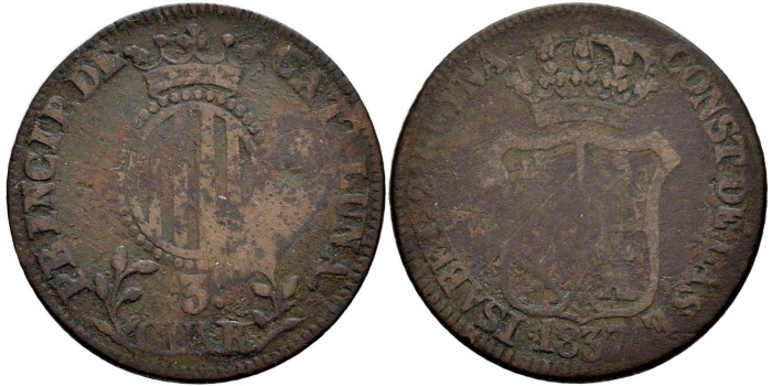 Cy15758.- ISABEL II 3 Cuartos 1837 Cataluña. RC