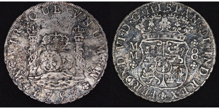 Cy09889.- FERNANDO VI  8 R. Columnario 1757 Mexico M.M- MBC-.