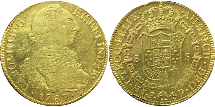 Cy12187.- CARLOS III  8 Escudos 1787 Popayan S.F - Oro