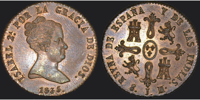 Cy15802K.- ISABEL II - 8 Maravedis 1835 JUBIA J.  SC+
