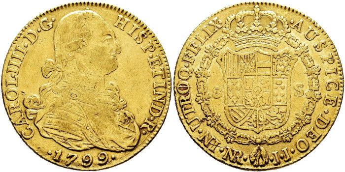 Cy13695.- CARLOS IV  8 Escudos 1799 Nuevo Reino J.J. MBC. - Oro