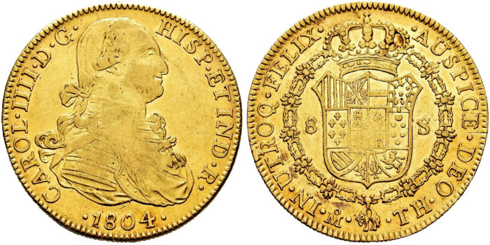 Cy13740.- CARLOS IV  8 Escudos 1804 Mexico T.H. SC- Oro
