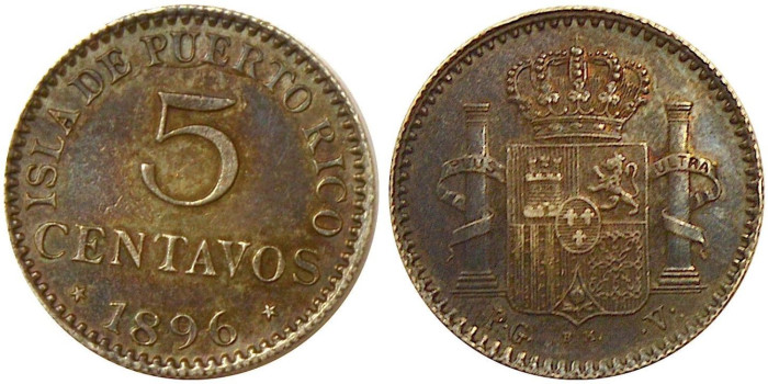 copy of Cy16715f.- ALFONSO XIII 5 Ctv. Peso 1896 Puerto Rico  MBC+