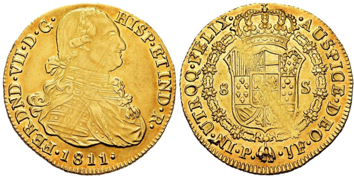 Cy15155.- FERNADO VII  8 Escudos 1811 Popayan  J.F. SC- B.O. Oro