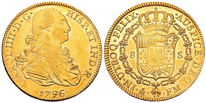Cy13671.- CARLOS IV  8 Escudos 1796 Mexico FM. SC-  B.O. Oro