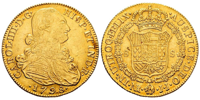 Cy13689.- CARLOS IV  8 Escudos 1798 Nuevo Reino J.J.- Oro.