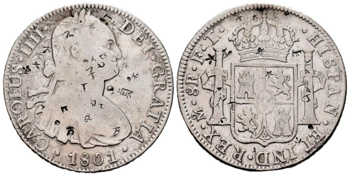 Cy13103.-CARLOS IV - 8 Reales 1801 Mexico F.T. Resellos - MBC