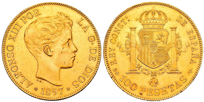 Cy16714.- ALFONSO XIII  100 pts 1897  *18-97 Madrid.  SC. ORO