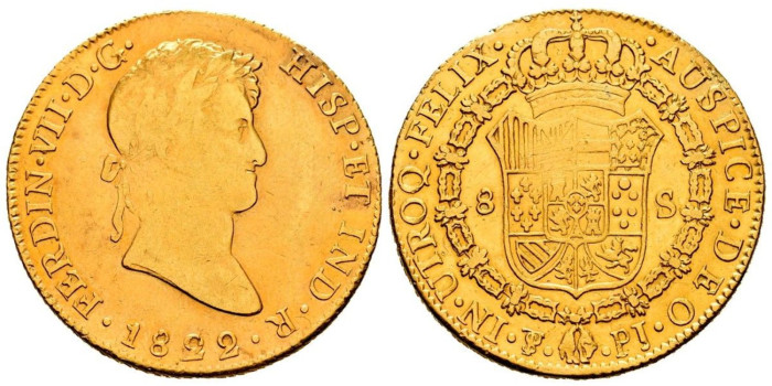 Cy15612.-FERNANDO VII - 8 Escudos 1822 Potosi P.J - EBC. ESCASA